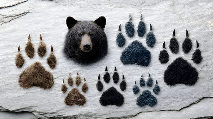 Brown Bear Head and Paw Prints on White Slate Stone Background