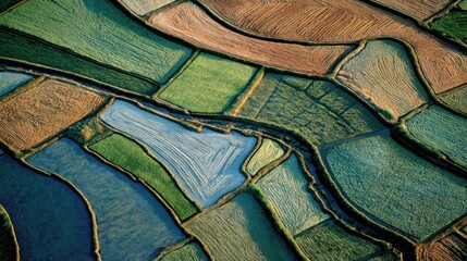 Aerial View of Vibrant Patchwork Fields and Winding Rivers.