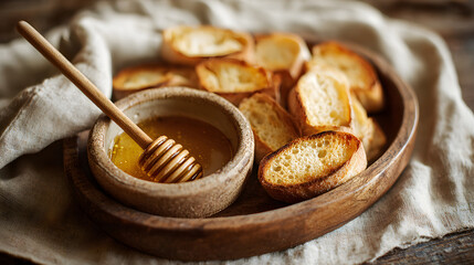 Honey dipper in bowl with toasted bread snacks