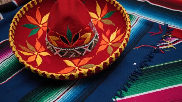 Bright sombrero on a colorful striped serape background. Festive apparel.