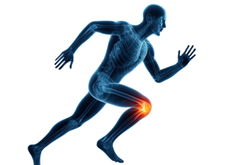 Running human body anatomy with highlighted knee joint pain showing skeletal structure, motion and injury isolated on white background