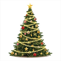 Festive Christmas Tree Decorated with Gold Baubles, Candy Canes, and Star Topper on White Background