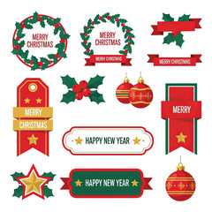 Christmas and New Year Decorative Elements, Wreaths, Holly, Ornaments, Ribbons, Tags & Banners in Red, Green & Gold
