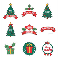 Set of Nine Merry Christmas Graphics Featuring Trees, Wreaths, Gifts, and Holly in Festive Styles