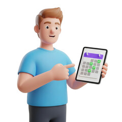 Young man in blue shirt points to tablet displaying a calendar grid isolated on transparent background