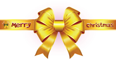 Highly detailed, realistic vector graphic of a shiny gold Christmas bow and ribbon with "Merry Christmas" text and bells. Perfect for gift cards, banners, and decorations