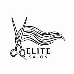 Elite Salon logo design with hairdressing scissors and a flowing hair strand.