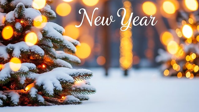 Magical snowy forest with glowing lights and festive new year greeting in elegant script