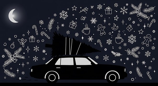 Christmas tree on car roof against a dark blue background graphic - Powered by Adobe
