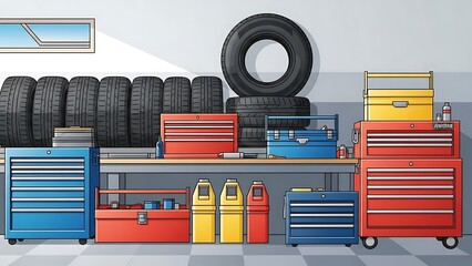 Automotive Garage Interior with Tools and Tires.