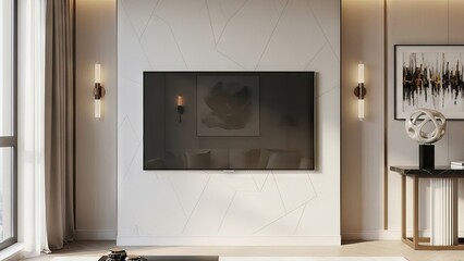 Fototapeta premium Modern television mounted on a textured wall with ambient lighting