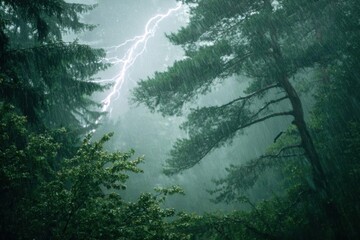 Dramatic Lightning Strike Illuminates Dark Forest During Powerful Thunderstorm.