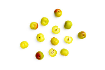 Fresh green plum fruit on white background.