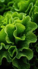 Close up of vibrant green lettuce leaves with intricate ruffled texture.