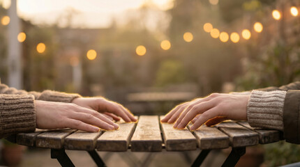 Two hands reaching gently across small table in warm outdoor light symbolizing connection longing vulnerability and emotional closeness
