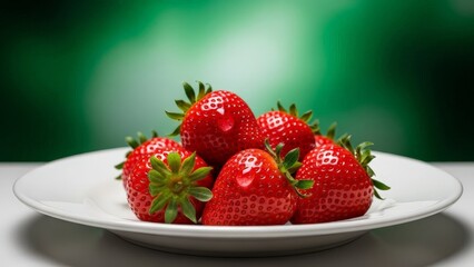 Plump Ripe Strawberries on a White Plate with Green Background