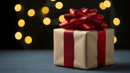 A beautifully wrapped gift with a festive red ribbon, set against a backdrop of soft bokeh lights. A perfect symbol of celebration, surprise, and generosity.