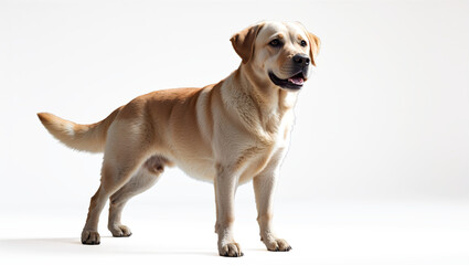 Labrador Retriever Dog Pet Friendly Full Body Fluffy Coat Wagging Tail Brown Eyes Black Nose Floppy Ears White Background Soft Light Generative AI