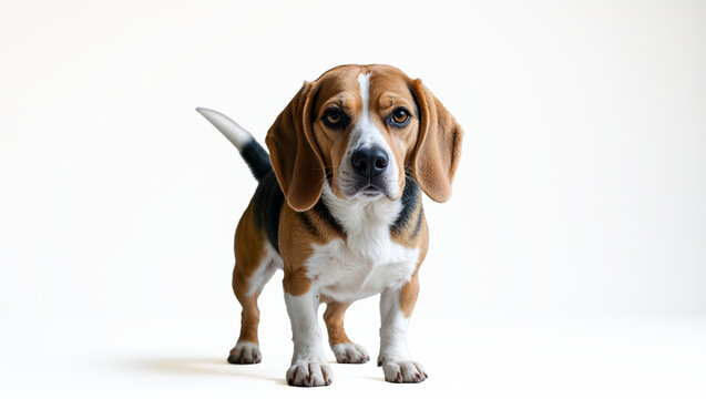 Beagle Dog Full Body White Background Floppy Ears Tri Colored Fur Brown Eyes Black Nose Relaxed Pose Studio Lighting Sharp Focus Generative AI - Powered by Adobe