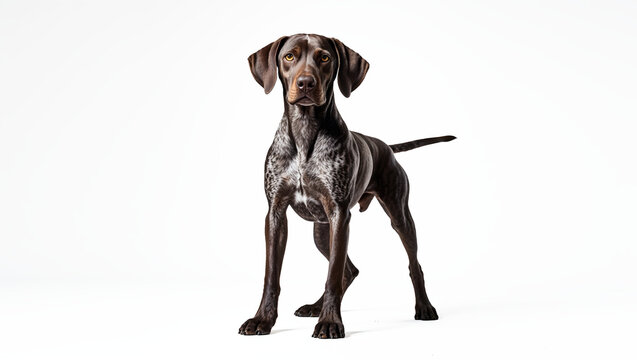 German Shorthaired Pointer Dog Full Body White Background Muscular Physique Floppy Ears Brown Eyes Coat Pattern Studio Lighting Sharp Focus Calm Alert Generative AII