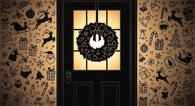 Festive Christmas door with wreath and holiday themed drawings around it - Powered by Adobe