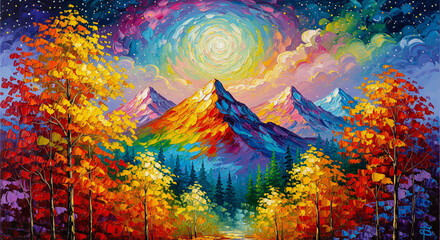 Fantasy Oil Painting of Multicolored Mountains and Luminous Trees, 3d modern art mural wallpaper, 3d mural wallpaper.