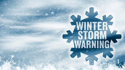 Winter Storm Warning graphic with snowflake and swirling snow, emphasizing severe weather alert for safety
