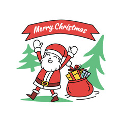 Cute Santa with Gift Bag and Pine Trees – Merry Christmas Cartoon Illustration