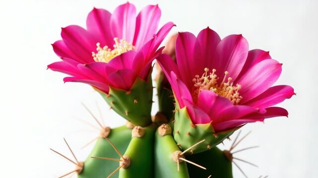 Video A pair of pink flowers resting on top of a prickly green cactus, symbolizing resilience and adaptation