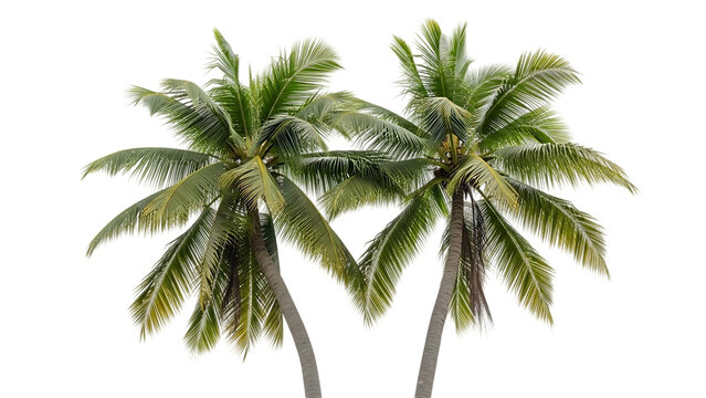 Two coconut palm trees isolated against black background lush green foliage and strong trunks tropical paradise - Powered by Adobe