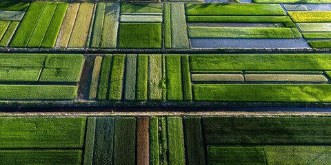 Aerial View of Lush Green Agricultural Fields and Crop Patterns.