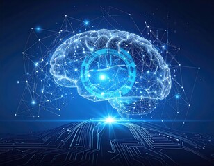 Digital brain composed of interconnected lines and data. Glowing blue, futuristic, abstract