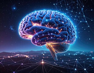 Digital rendering of a luminous brain surrounded by interconnected neural networks and data points