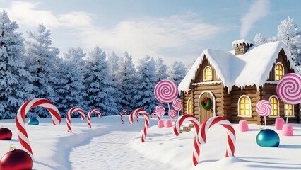 Magical winter wonderland scene featuring a snowcovered gingerbreadstyle house surrounded by giant candy canes and lollipops in a snowy forest