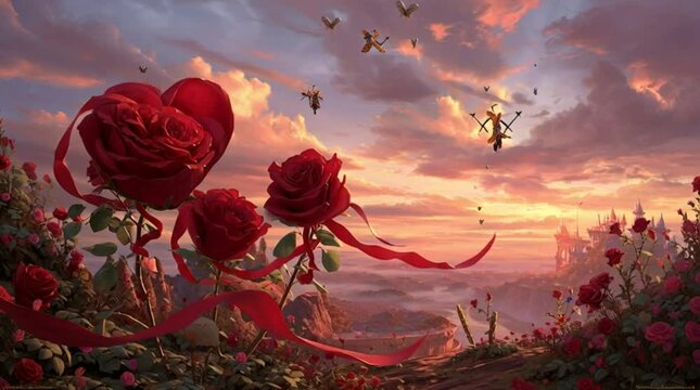 Enchanted valley of love with giant heart-shaped red roses during a romantic sunset