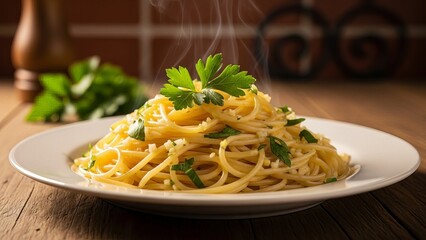 Steaming Plate of Spaghetti with Garlic and Herbs