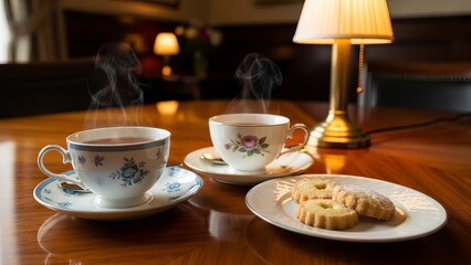 Steaming Tea Cups and Delicate Cookies on a Wooden Table