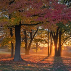 A serene autumn landscape featuring colorful trees and a gentle sunset, creating a peaceful atmosphere in a natural setting.