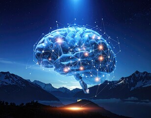 Glowing digital brain above mountain peaks, connected by lines in a night sky scene