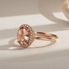 A sparkling rose gold ring featuring a large pink gemstone surrounded by smaller diamonds, elegantly displayed on a soft surface.