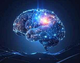 Glowing brain illustration with connected nodes and neural pathways, over a dark blue landscape