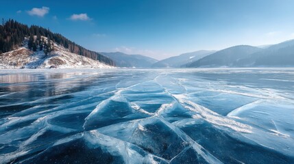 A frozen lake with a blue sky in the background. The sky is clear and the sun is shining