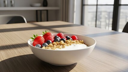 Sun-drenched bowl of yogurt with berries and granola