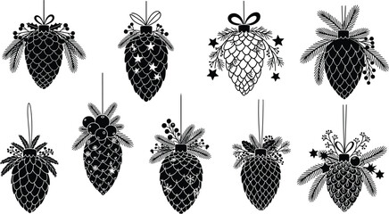 Christmas pinecone ornament silhouettes with festive evergreen branches, holiday decorations, rustic winter botanical elements, seasonal celebration design