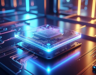 Transparent multilayer quantum processor glowing with neural circuits, illustrating next-generation AI hardware, ultra-advanced computing architecture and futuristic high-tech innovation