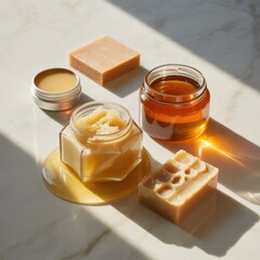 A vibrant arrangement of natural soaps and honey in jars, showcasing organic beauty products on a light surface illuminated by sunlight.