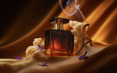 A luxurious perfume bottle surrounded by soft fabric, delicate petals, and aromatic smoke, conveying elegance and allure.