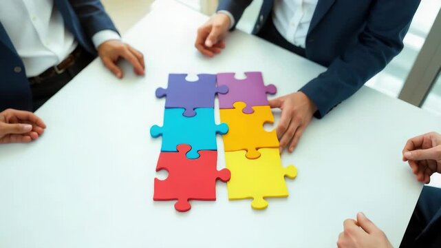 Video A group of professionals working together on a challenging project, building puzzle pieces to represent teamwork and problem-solving skills