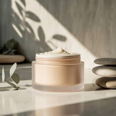 A minimalist skincare cream jar sits on a marble surface, complemented by soft sunlight and greenery, conveying a sense of calm and elegance.