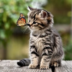 A curious kitten watches a butterfly closely, showcasing a moment of wonder and innocence in a natural setting.